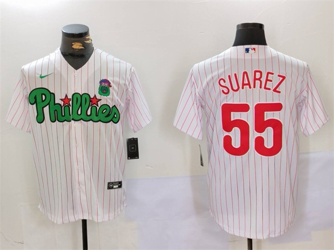 Men's Philadelphia Phillies #55 Ranger Suárez White/Green Cool Base Stitched Jersey